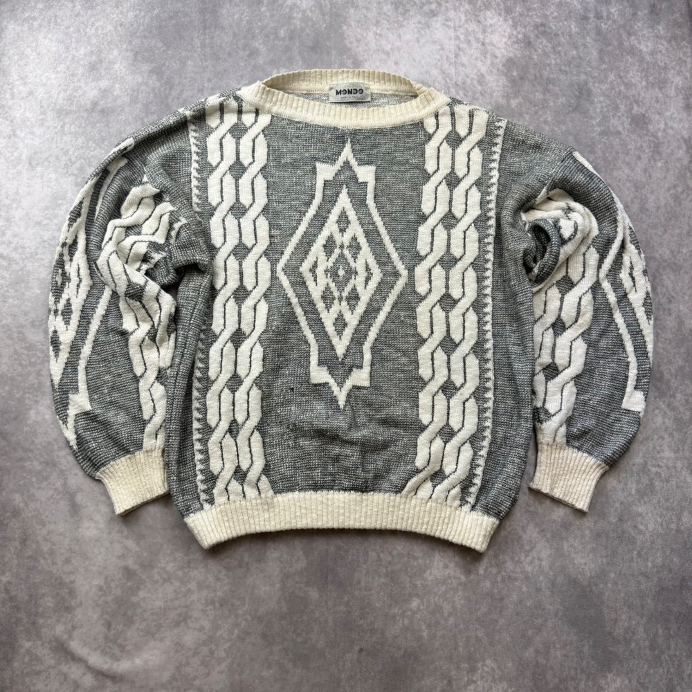 Vintage Mondo Italy Grey Cream Geometric Intarsia Knit Crewneck Sweater Mens L